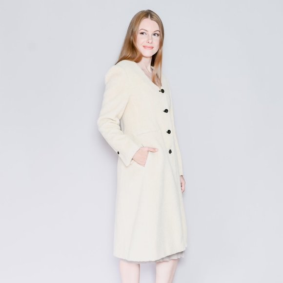 439. GIA STUDIOS Ivory Cream Collarless Sherpa Coat Small - Picture 3 of 7